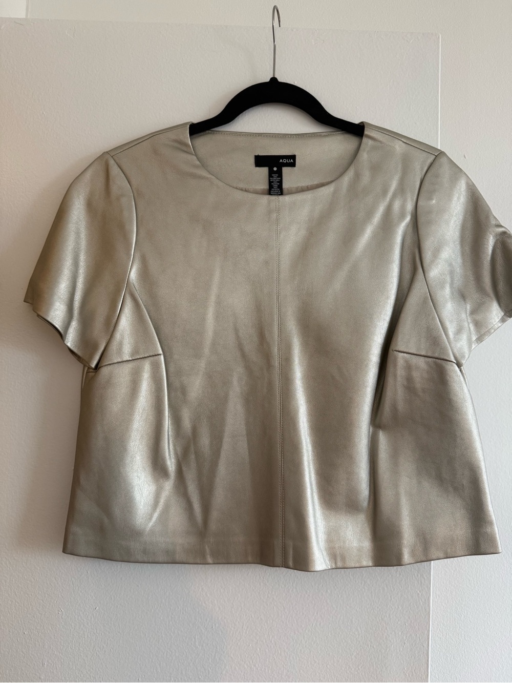 AQUA Short Sleeve Faux Leather Top in Gold; Size Medium